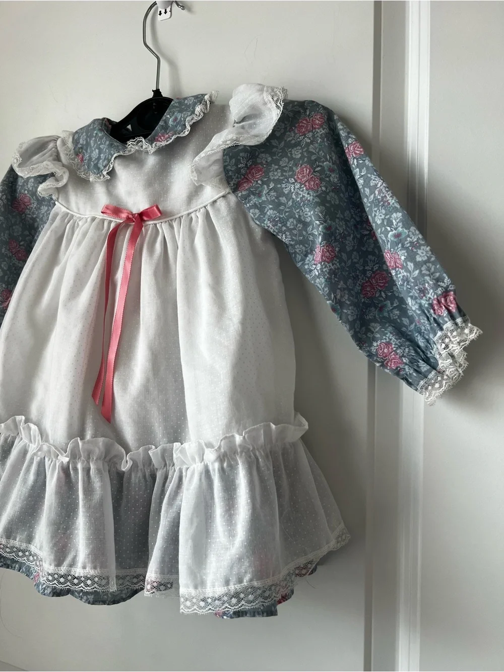 Vitage Peppercorns White & Blue Floral Ruffle Kids Dress with Pink Bow